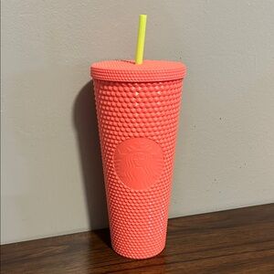 Starbucks 24oz Neon Pink Textured Tumbler with Yellow Straw